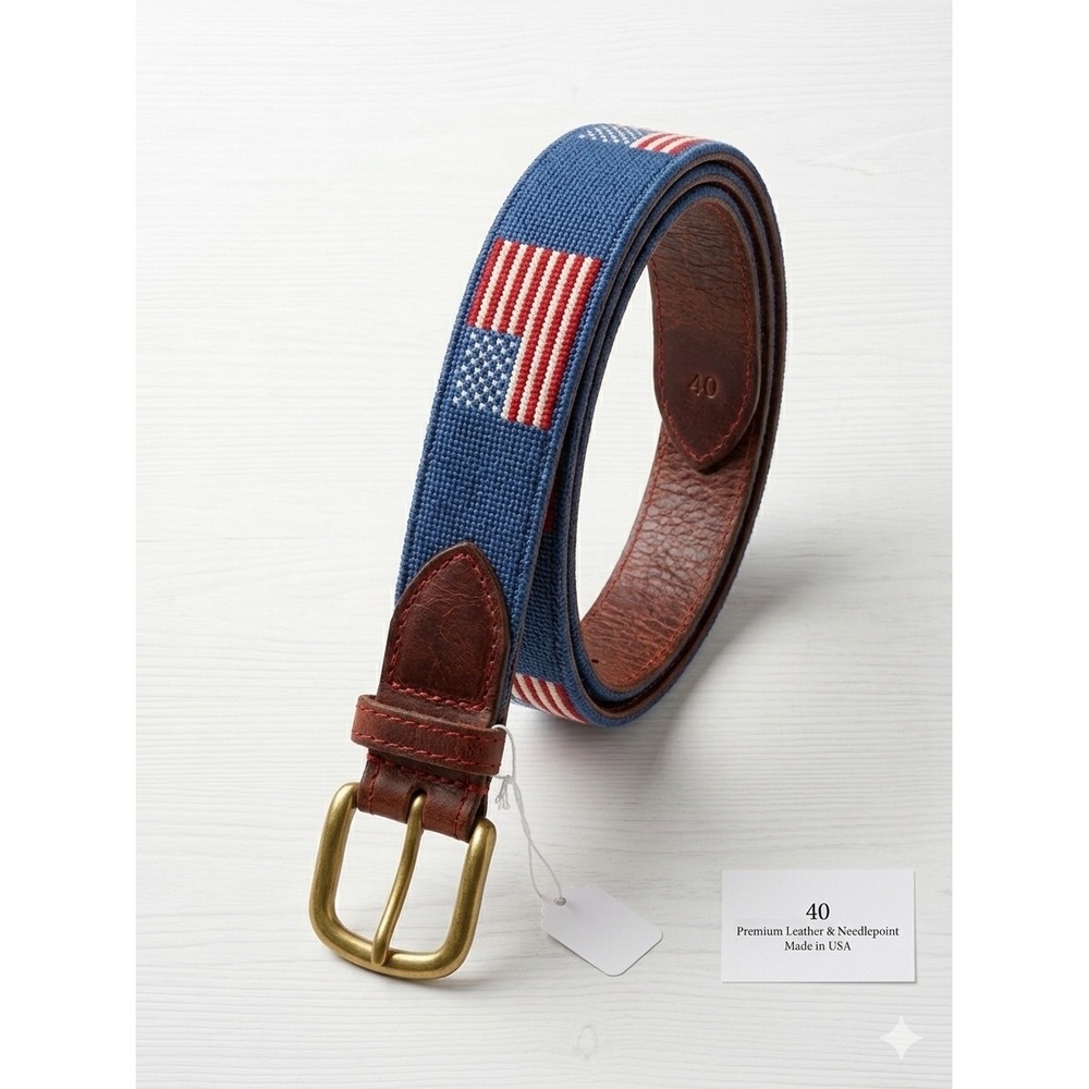 Smathers & Branson American Flag Needlepoint Belt Mens 40 Blue Leather USA